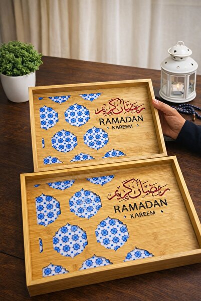 LUXURIOUS TRAY Elegant Wooden Ramadan Tray Set with Glass Base