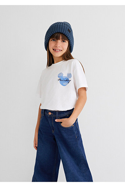 Mavi Mickey Mouse Baskılı Beyaz Tişört Loose Fit / Bol Rahat Kesim 7610201-620