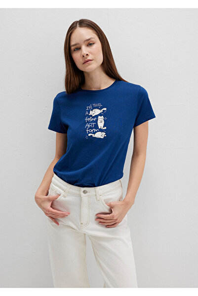Mavi Marineblaues T-Shirt mit Katzenmuster, halb schmal geschnitten, 1613471-...
