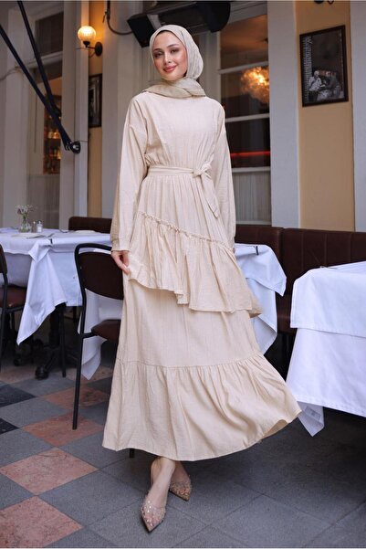 TRENDTESETTÜR KADIN BEJ (TAŞ) KUŞAKLI KATLI ELBİSE T 7884