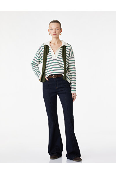 Koton Long Sleeve Polo Neck Striped Oversize Knit Sweater