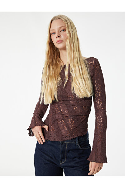 Koton Asimetrik Kayık Yaka Uzun Kollu Slim Fit Dantelli Tişört