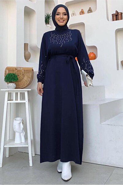 TRENDTESETTÜR KADIN LACİVERT TAŞ İŞLEMELİ TRİKO ELBİSE T 81332