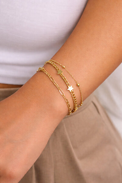 Çelik 3’lü Gold Bileklik-316L Çelik- Kararmaz,Alerji Yapmaz