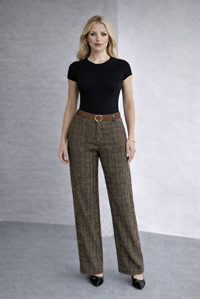 mor butik Women's Brown Plaid Wide Leg High Waist Belted Pants Ysf444