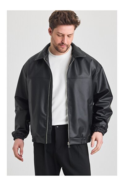 MerStore Jachetă de piele neagră pentru bărbați oversize