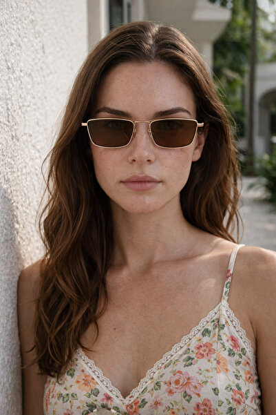 Houseofeyeris AURIX Dikdörtgen Kahverengi Metal Güneş Gözlüğü – İnce Çerçeve,...