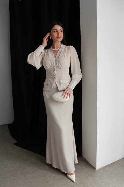 Julidress Cream Chiffon Garnished Pearl Buttoned Transparent Blouse and Maxi ...