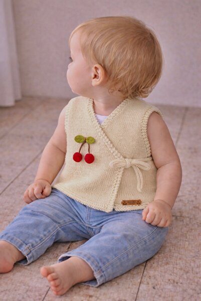 seraskids El Örgüsü Kruvaze Model Krem Rengi Kız Bebek Yelek