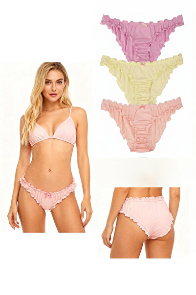 Dominant Kadın 3'lü S Beden Pamuklu Fırfırlı Bikini Külot Seti - Somon Sarı Mor
