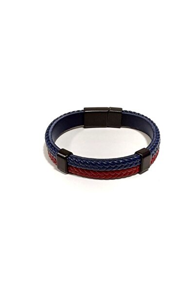 Herşey Nota Navy Blue Red Braided Genuine Leather Men's Bracelet |   Sports a...