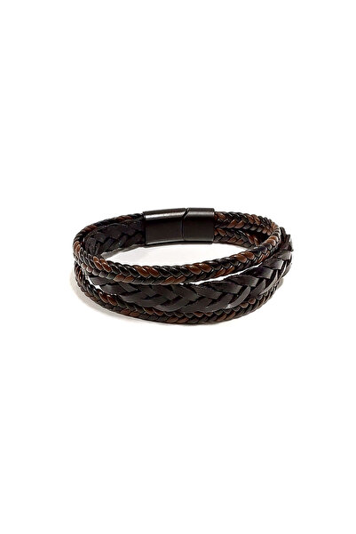 Herşey Nota Brown and Tan Genuine Leather Herringbone Knitted 3 Layer Men's B...