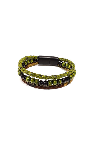 Herşey Nota Forest Warrior Khaki Green Genuine Leather & Natural Stone Combin...