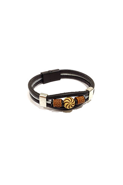 Herşey Nota Black Leather Brown Embroidered Beaded Men's Bracelet – Stylish C...