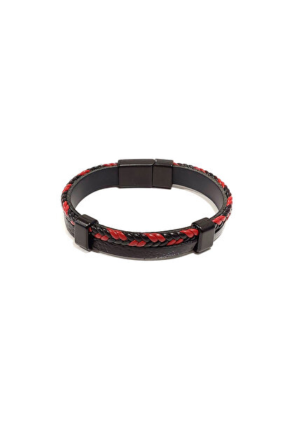 Herşey Nota Red Black Braided Black Leather Men's Bracelet |   Genuine Leathe...