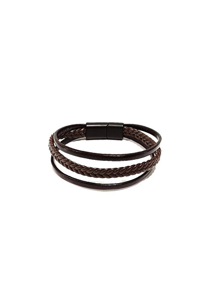 Herşey Nota Brown Fish Scale Weave Genuine Leather Men's Bracelet |   Magneti...