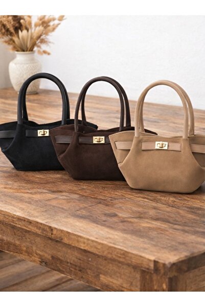 Ebriva Bags Kadın Acı Kahve Süet Kilit Detaylı El, Kol ve Omuz Çantası