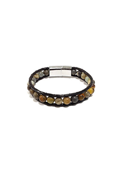 Herşey Nota Genuine Brown Natural Stone Black Leather Men's Bracelet |   Magn...