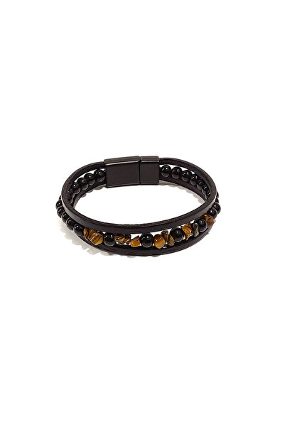 Herşey Nota Black Leather Tiger's Eye Natural Stone Men's Bracelet – Stylish ...