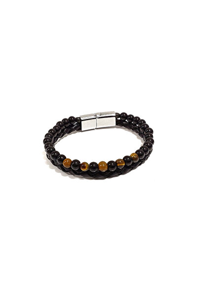 Herşey Nota Khaki Natural Stone Leather Braided Black Men's Bracelet – Stylis...