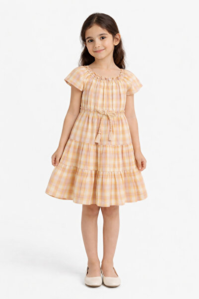 Gingersnaps Girls' Checkered Waist-Tied Dress with Short Sleeves