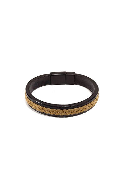 Herşey Nota Black Leather and Brown Woven Men's Bracelet – Metal Magnet Closu...