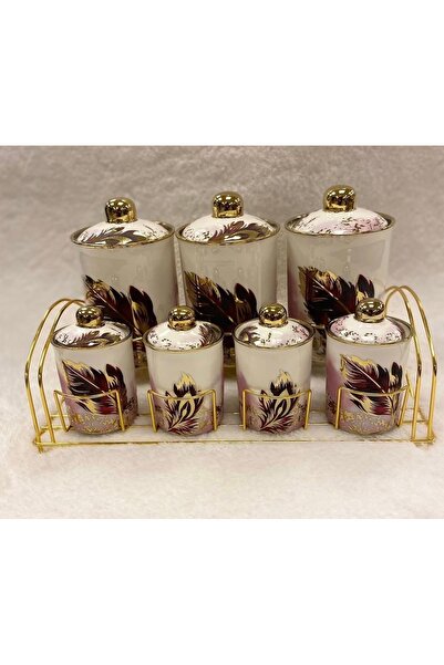 Sembol Maurica Leaf Gold Pattern 8 Piece Porcelain Spice Set with Gold Stand ...