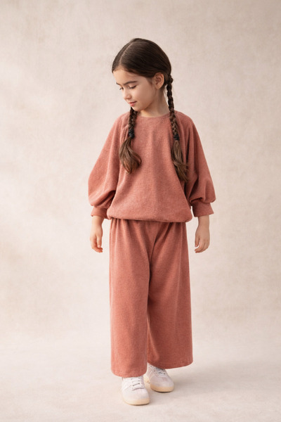 Pinklime Jr. Ekstra Yumuşak Dokulu Oversize Kız Erkek Çocuk Alt Üst Takım-Gül...