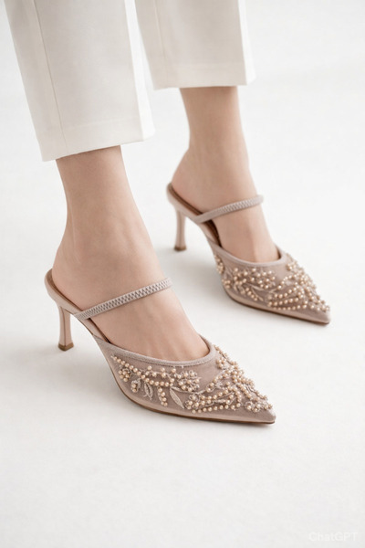 guijarro Women's Brown Embroidered Bead Detailed Mesh Stylish Shoes 7.5cm Mes...