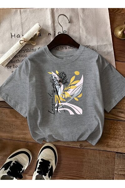 caddekombin Detaliu stea de aur pentru femei, gri floral abstract tricou