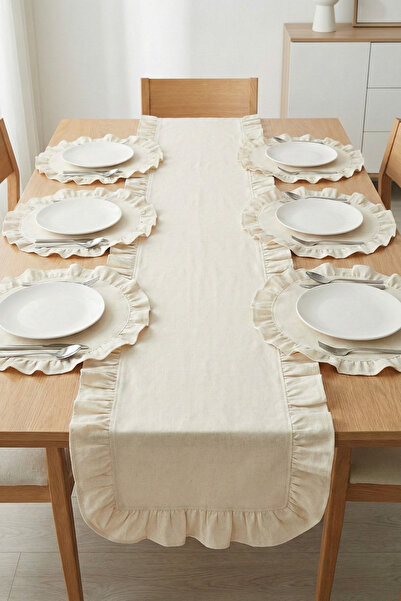 Morlay 7 Parça Fırfırlı Sofra Sunum Seti 6 Adet Amerikan Servisi Supla + 1 Adet Fırfırlı Runner - 40x150 cm