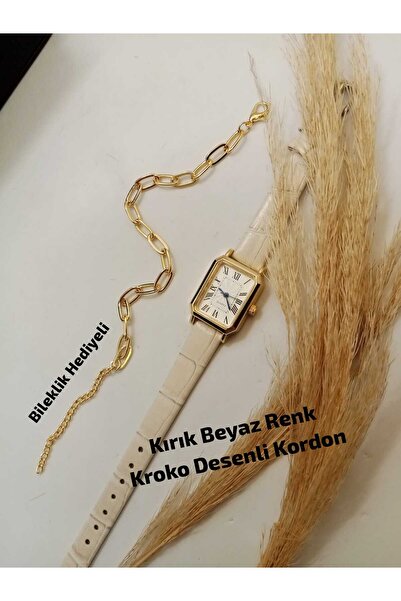 QUARTZ Vintage Women's Wristwatch Retro Gold Case Off-White Color Strap Squar...