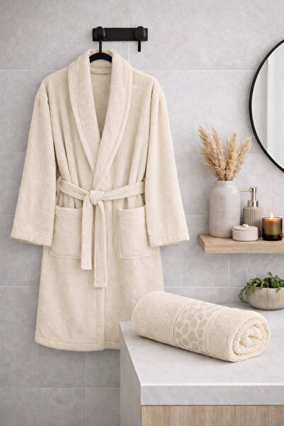 Beğenal Stone Colored 100% Cotton Jacquard Stone Double Bathrobe Set