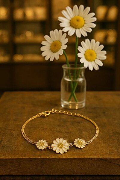 Papatya Silver Üç Papatya Süzme Bileklik Sarı Nano Zirkon Taşlı Mineli 925 Ayar Gümüş.rose.gold.rodaj