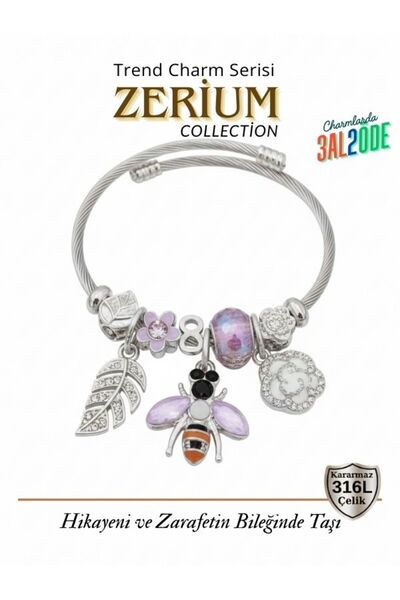 ZERİUM Modern Çelik Şık Kadın Charm Bileklik Arı ve Çiçekler