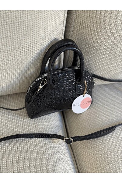 BAGLOVİS Kadın Suni Deri Croco Desenli Siyah Mini Fermuarlı Çapraz Omuz Çanta...