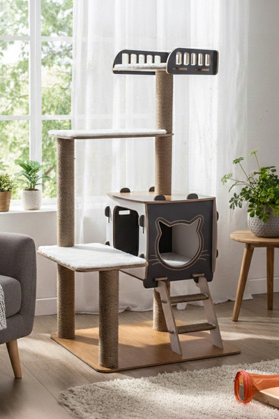 Patihomes Multi-Storey Cat House with Scratching Post XL Bed Gray