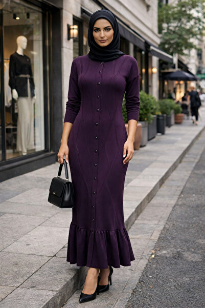 Uludağ Triko Merserize Kumaş Düşük Kol Uzun Tesettür Elbise – Çıtçıt Kapamalı...