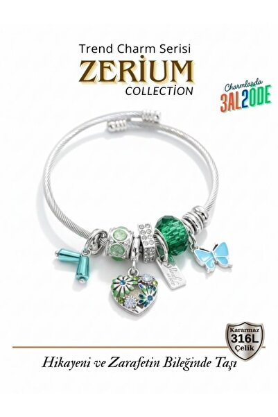 ZERİUM سوار نسائي عصري من الفولاذ بتصميم أنيق مع فراشة خضراء وقلب مزين بالزهور