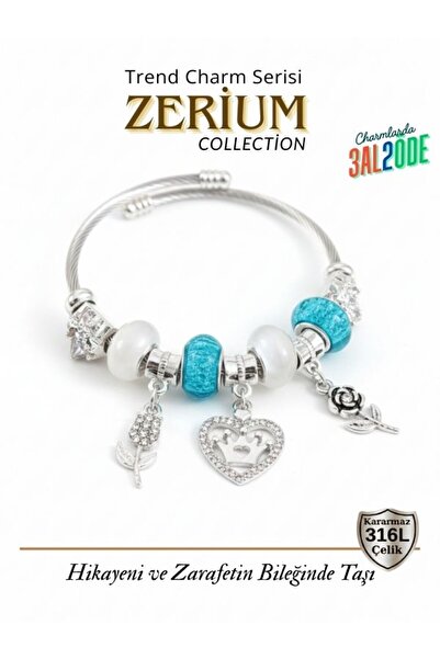 ZERİUM Modern Steel Stylish Women's Charm Bracelet Heart with Tulip and Crown