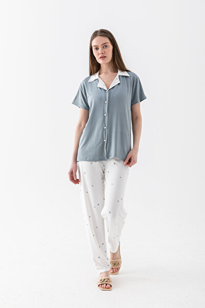 Wega Moda Women's Gray Star Patterned 100% Cotton Shirt Collar Short Sleeve L...