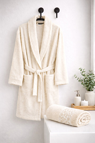 Beğenal Set halate de baie dublu din bumbac 100% jacquard de culoare crem