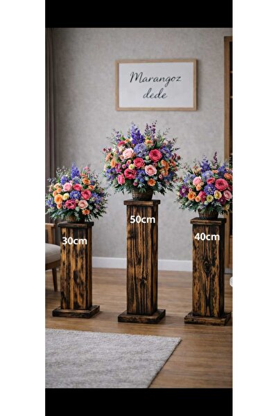 KOVANCI MARANGOZDEDE 3 LÜ SET DEKORATİF AHŞAP VAZO ÇİÇEKLİK