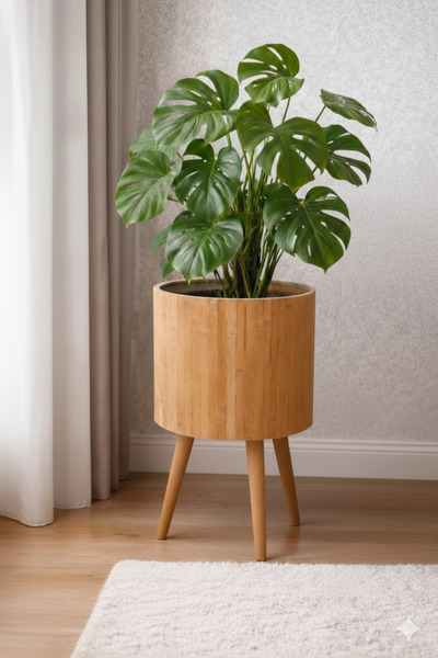 BLACK PEARL Bambu Ahşap Ayaklı Sepet/saksılık Naturel 24 Cm Ayak Boyu