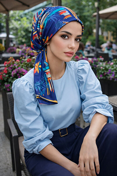 Aişe tesettür Lacivert Suluboya Desen Eşarp Bone