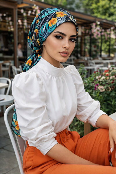 Aişe tesettür Πράσινο μαύρο μαντήλι με σχέδιο φύλλων και καπέλο