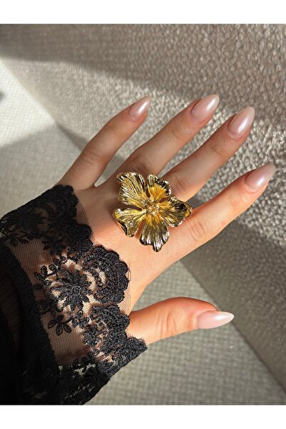 HOUSEKİ خاتم زهرة ثلاثي الأبعاد من جولدن بلوم، لون ذهبي قابل للتعديل