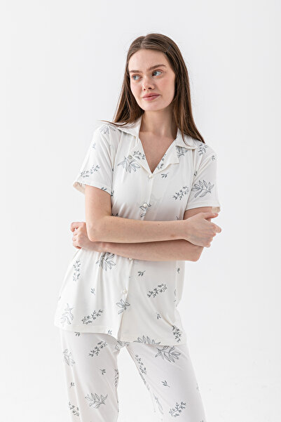 Wega Moda Women's Ecru Leaf Patterned 100% Cotton Shirt Collar Short Sleeve L...