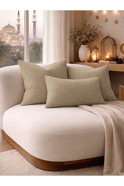 Perle Bej Keten Dokulu Dekoratif Kırlent Kılıfı | Modern Salon Koltuk Yastığı