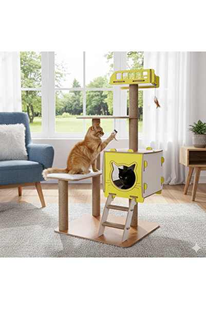 Patihomes بيت قطط متعدد الطوابق مع سرير كبير الحجم باللون الأصفر